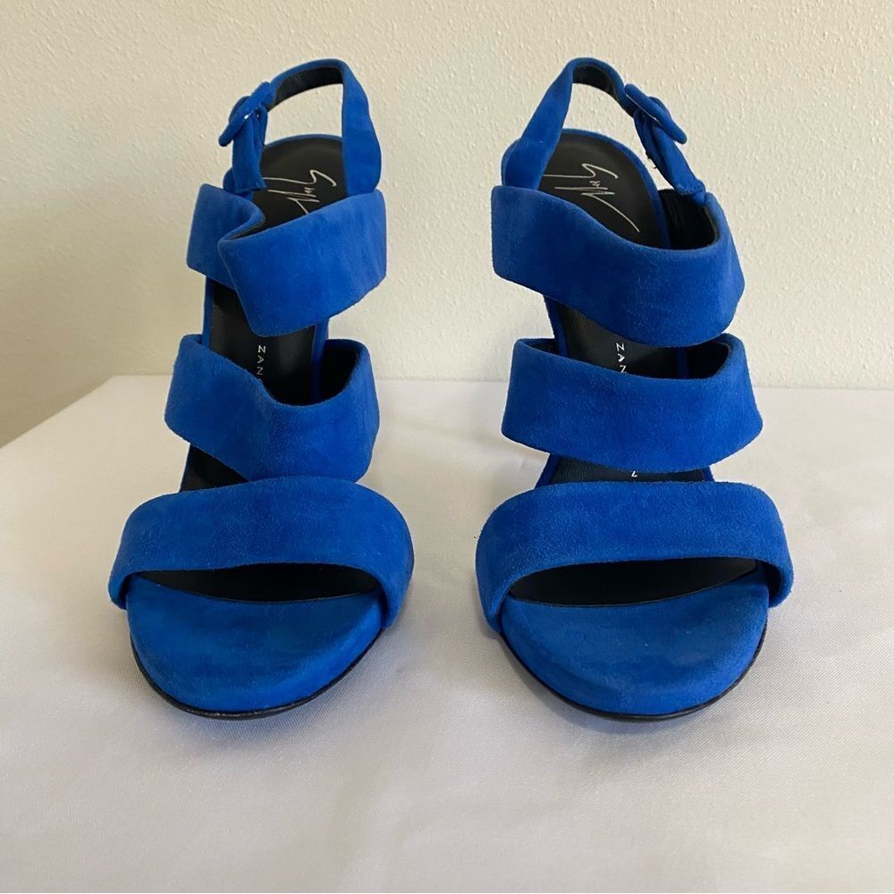 GIUSEPPE ZANOTTI Blue Suede Strappy Slingback Heels - Picture 5 of 10